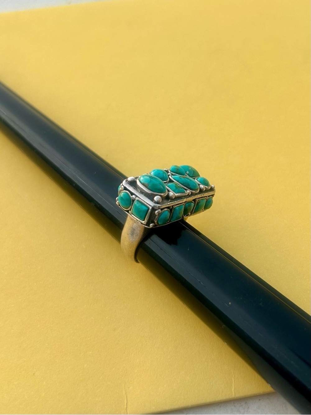 WOW! Wide Rectangle Sterling Silver Turquoise Cluster Bar Ring Size 7.5 Vintage - Picture 2 of 10